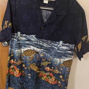 Navy Blue Hawaiian Shirt with Fish and Turtle Print